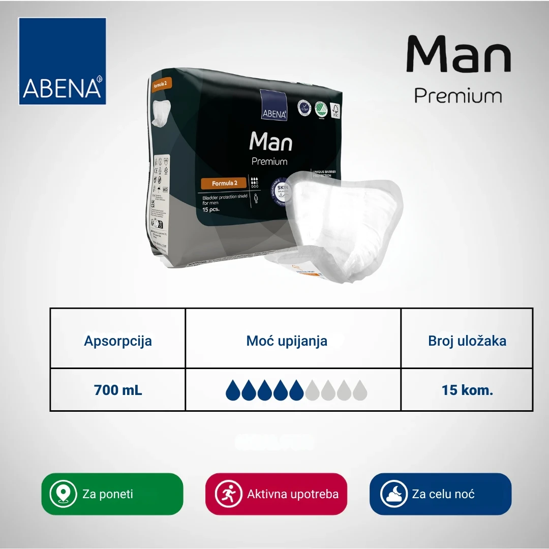 ABENA MAN Premium Ulošci za Inkontinenciju za Muškarce 15 Komada; Formula 2