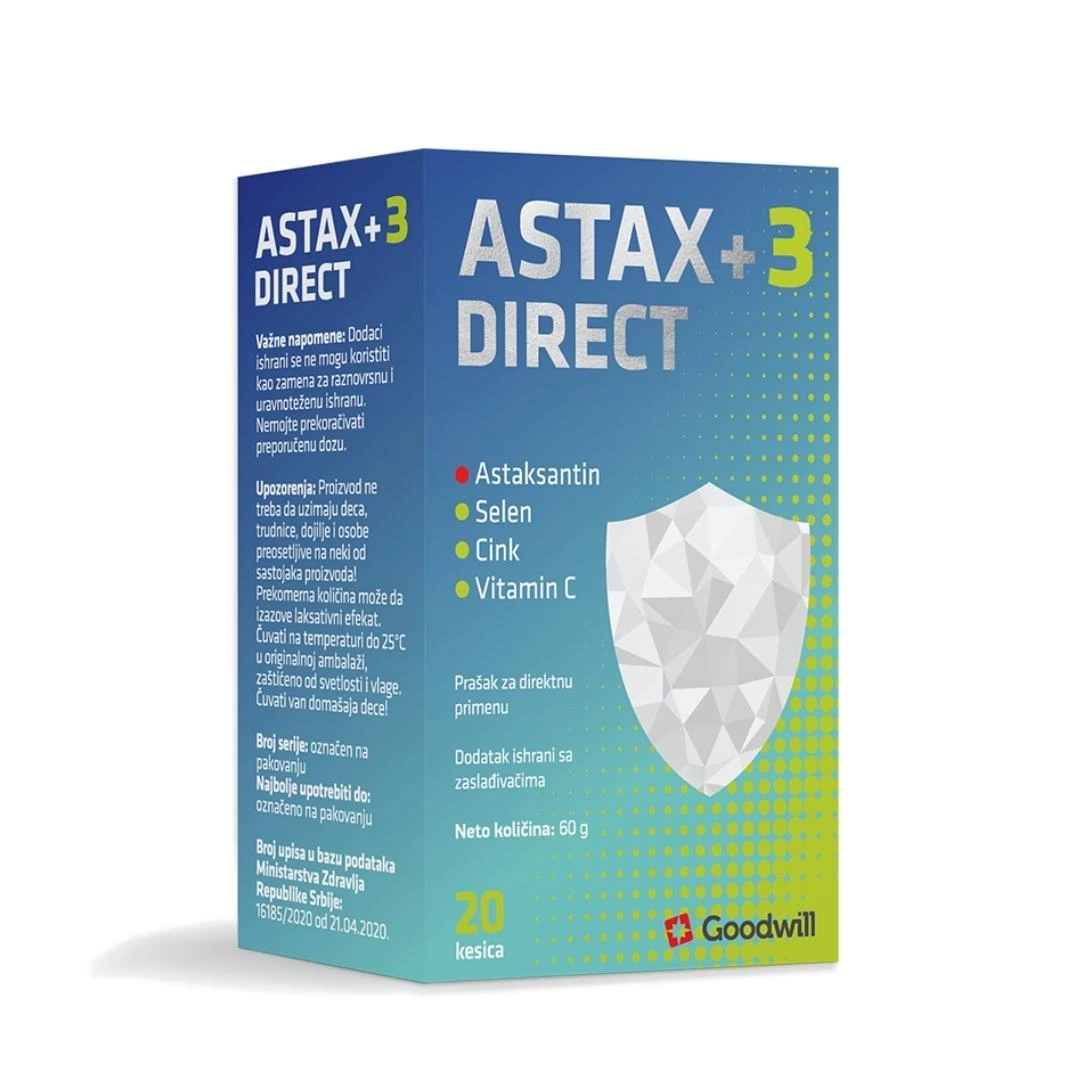 ASTAX+3 Direct  Astaksantin, Selen, Cink, Vitamin C 20 Kesica