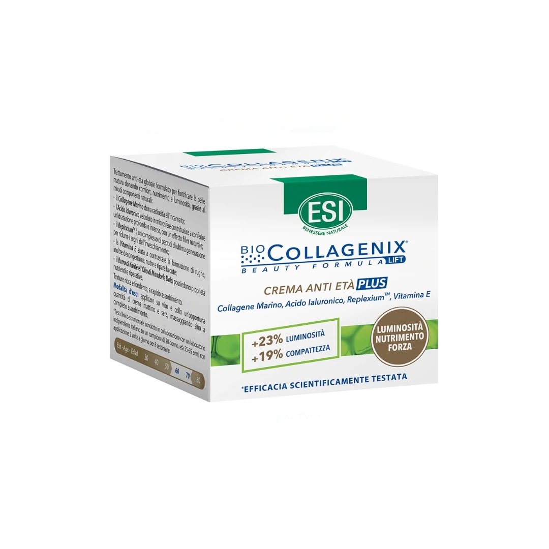 ESI Biocollagenix Lift Krema za Lice za Učvršćivanje Kože ANTI-AGE PLUS 50 mL; sa Morskim Kolagenom, Hijaluronskom Kiselinom, Replexium Kompleksom i Vitaminom E