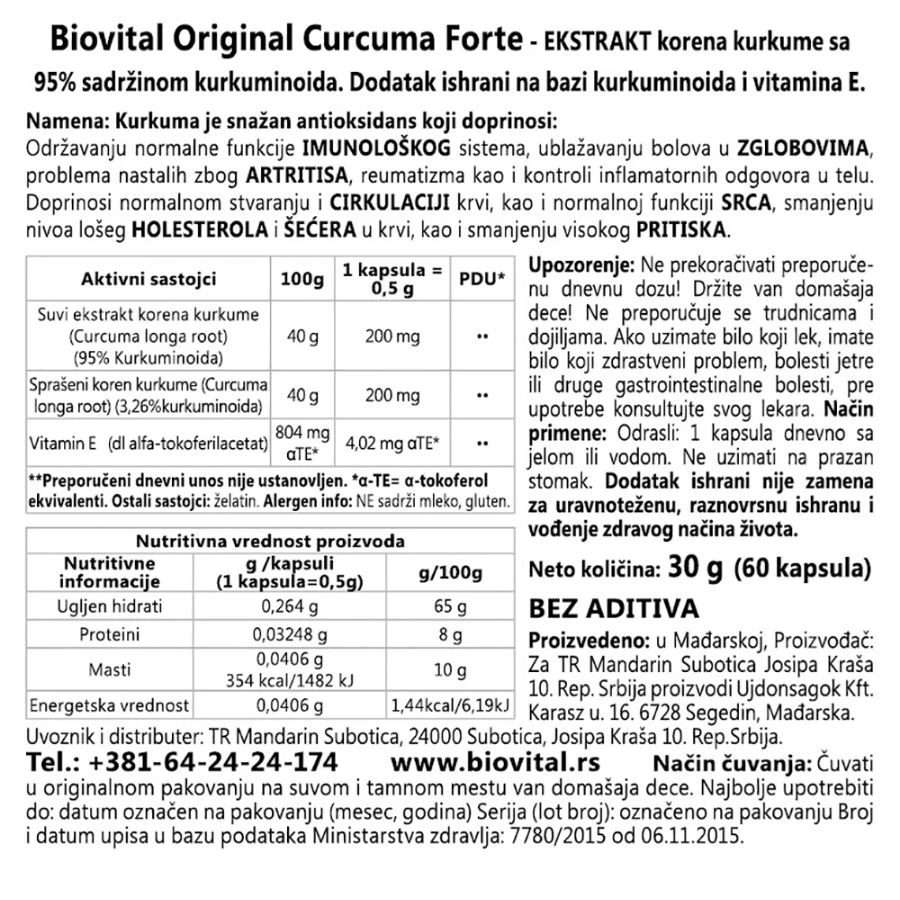 Biovital Orginal Curcuma Forte 60 Kapsula; Kurkuma