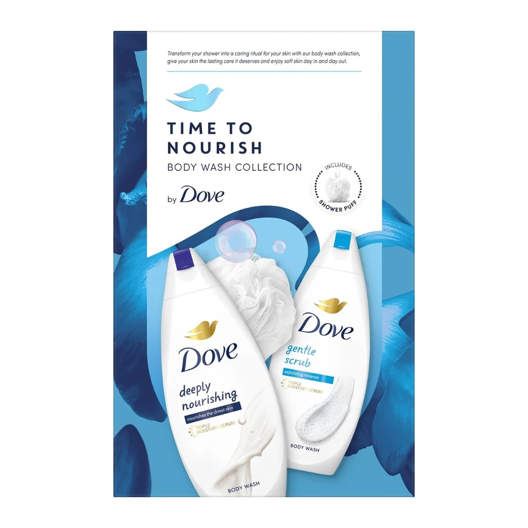 Dove Promo Set TIME TO NOURISH Kupka Deeply Nourishing 225 mL i Kupka Gentle Scrub 225 mL sa Pufnom za Tuširanje