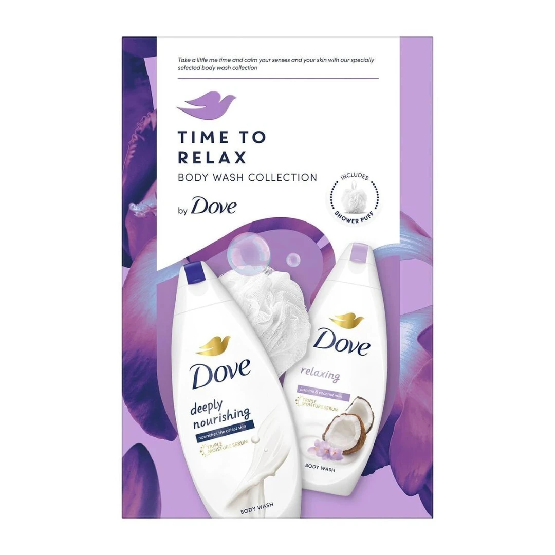 Dove Promo Set TIME TO RELAX Kupka Deeply Nourishing 225 mL i Kupka Relaxing 225 mL sa Pufnom za Tuširanje
