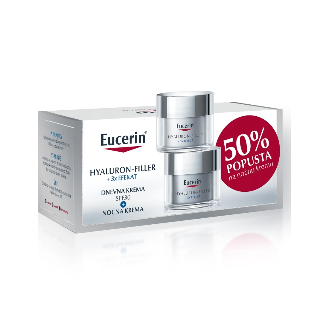 Eucerin® HYALURON-FILLER 3x EFFECT Dnevna Krema SPF30 50 mL i Noćna Krema 50 mL; Anti-age Nega za Kožu sa Efektom Popunjavanja Bora
