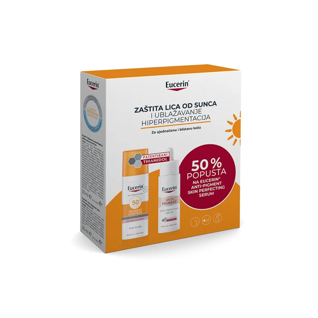 Eucerin® PROMO Box Sun Pigment Control Fluid SPF50+ 50 mL i Antipigment Skin Perfecting Serum 30mL; Zaštita Lica od Sunca i Ublažavanje Hiperpigmentacija i Fleka