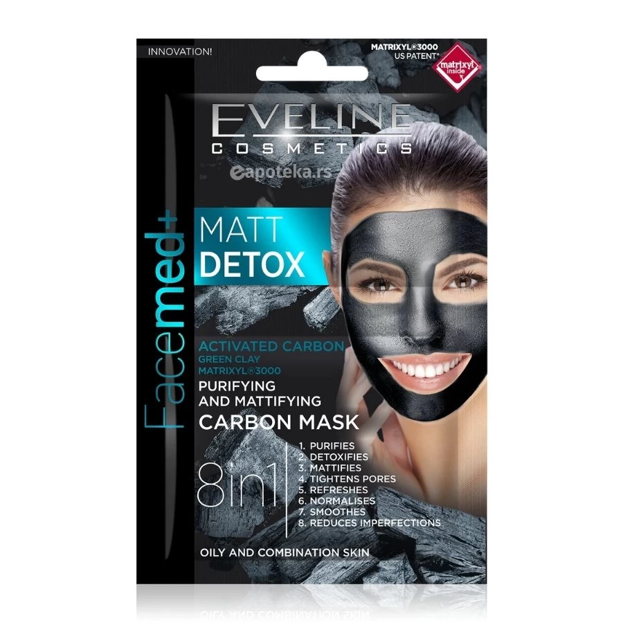 EVELINE Maska Facemed MATT DETOX sa Aktivnim Ugljem 2x5 mL; Čisti i Matira Kožu Lica