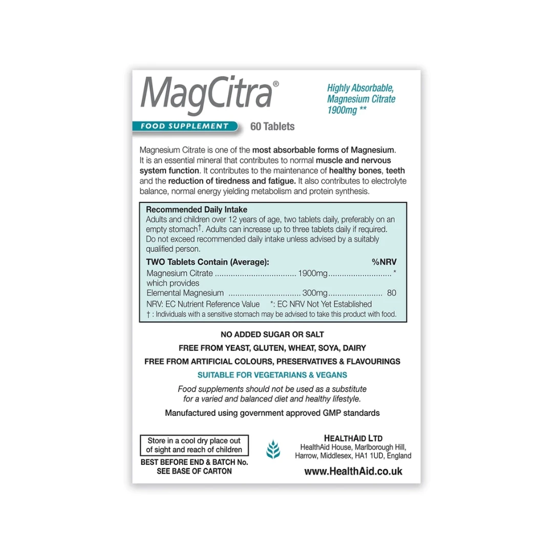 HealthAid MagCitra® 60 Tableta Magnezijum Citrata; Podrška Nervnom Sistemu, Mišićima, Srcu i Jakim Kostima