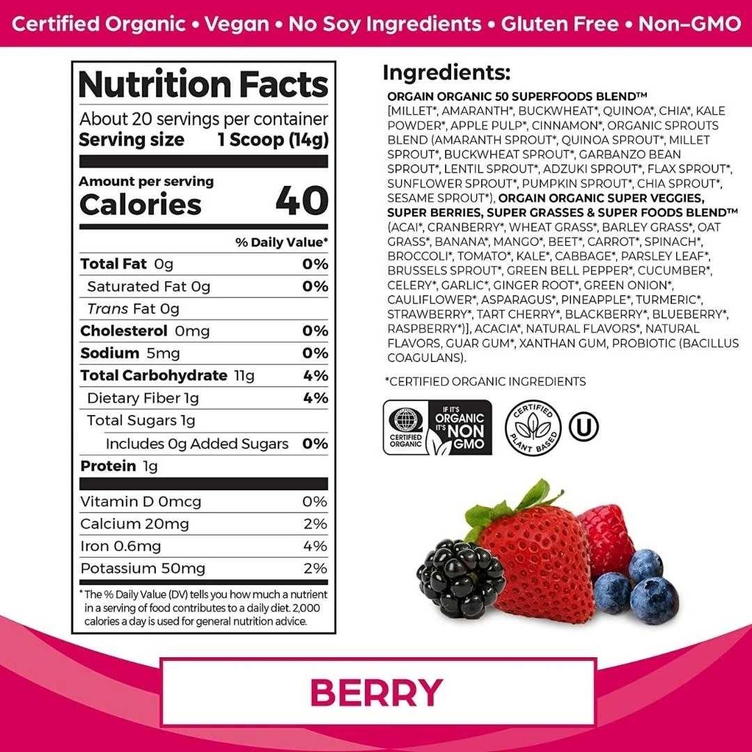 Orgain® Organic Superfood + Probiotici BERRY 280 g
