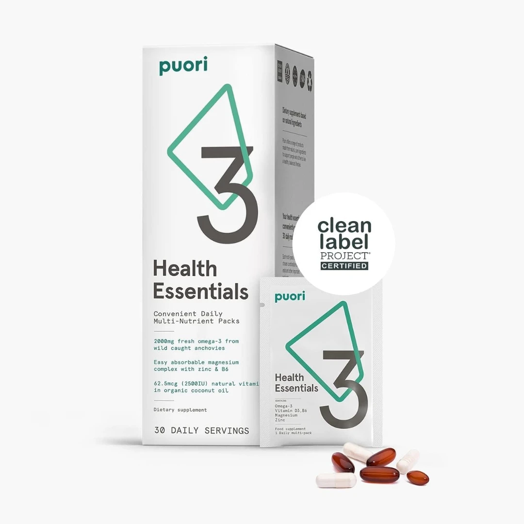 puori P3 Health Essentials sa Dnevnim Potrebama za Esencijalnim Nutrijentima - Omega 3, Magnezijumom i Vitaminom D3; 30 Pakovanja