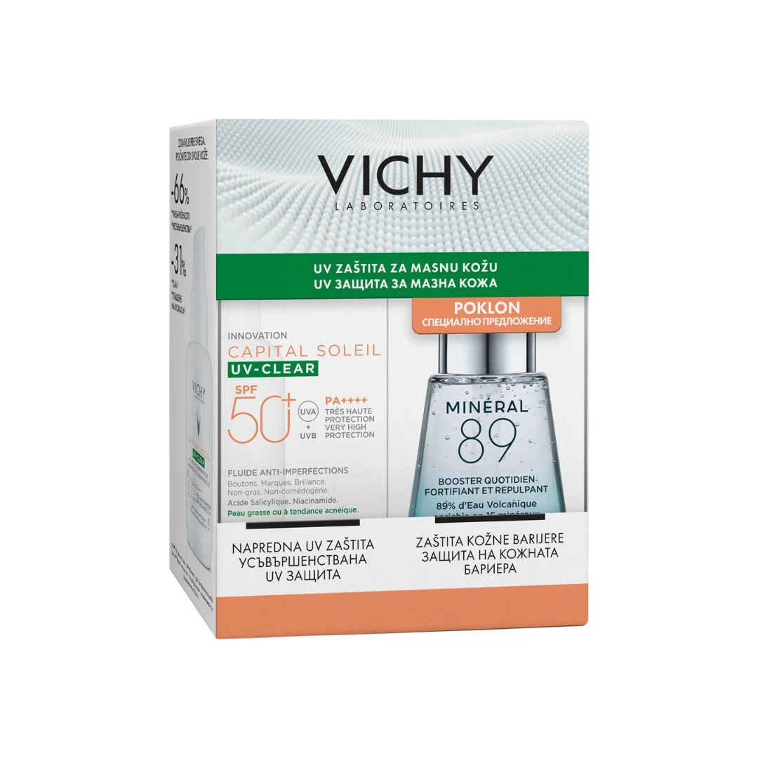 VICHY PROMO CAPITAL SOLEIL UV-CLEAR Fluid SPF50+ 40 mL i Poklon MINÉRAL 89 BOOSTER 40 mL; UV Zaštita za Masnu Kožu